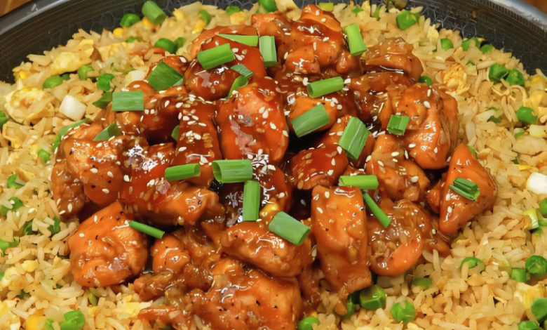 A bowl of Teriyaki Chicken Fried Rice garnished with sesame seeds and green onion slices. A bowl of Teriyaki Chicken Fried Rice garnished with sesame seeds and green onion slices.