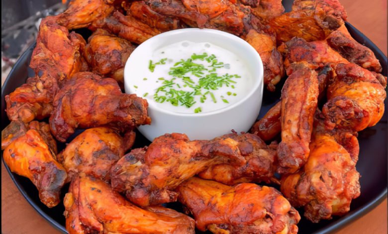 A plate of crispy buffalo wings with celery sticks and blue cheese dressing. A plate of crispy buffalo wings with celery sticks and blue cheese dressing.