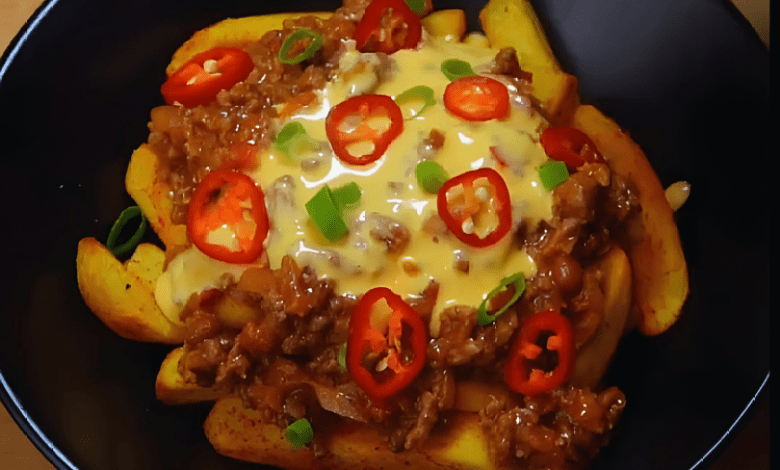 A plate of loaded chili cheese fries topped with chopped spring onions and red chillis. A plate of loaded chili cheese fries topped with chopped spring onions and red chillis.