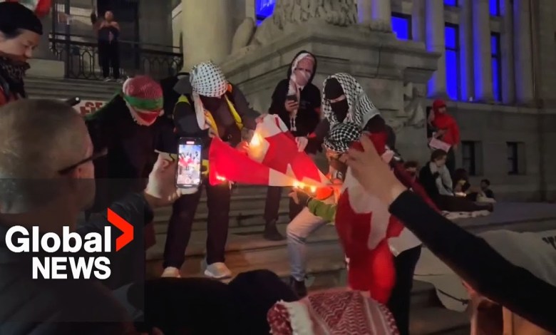 Burning of Canadian flag at Vancouver anti-Israel protest condemned by political leaders Burning of Canadian flag at Vancouver anti-Israel protest condemned by political leaders