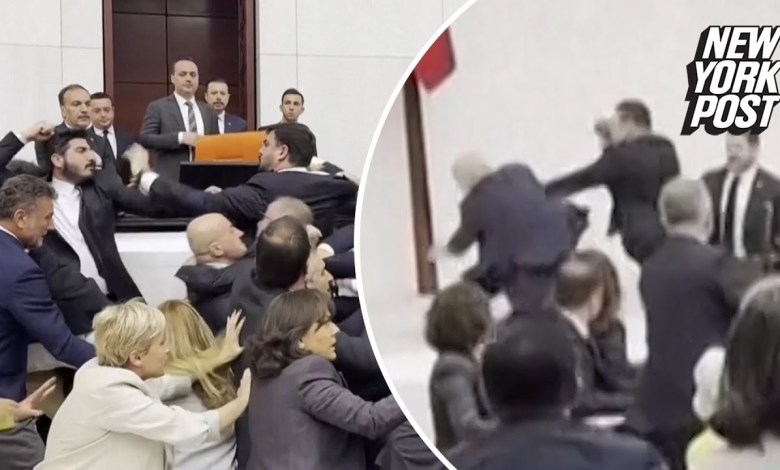 Turkish politicians get into bloody brawl in parliament after fight erupts over jailed MP Turkish politicians get into bloody brawl in parliament after fight erupts over jailed MP