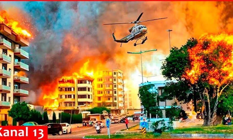 Fire reached houses in Izmir city of Turkey, and people were evacuated Fire reached houses in Izmir city of Turkey, and people were evacuated