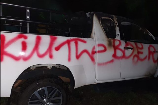 "Kill the Boer" written on a victim's vehicle during a farm attack. "Kill the Boer" written on a victim's vehicle during a farm attack.