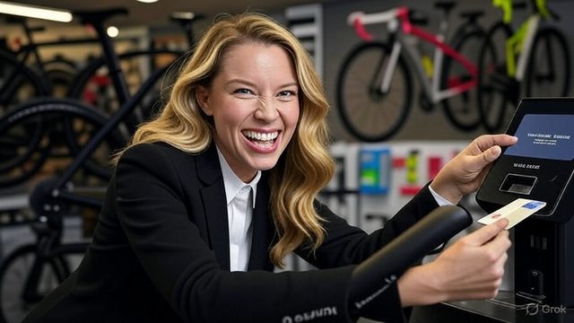 Artistic impression of a woman buying a exercise bike with the campaign credit card.. Artistic impression of a woman buying a exercise bike with the campaign credit card..