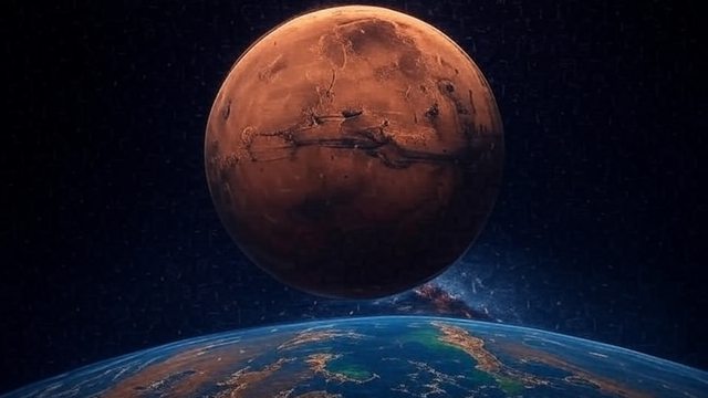 Mars looms in the distance, a red beacon of ambition, as Earth shines brightly in the foreground, symbolizing humanity’s bold leap toward the stars. Mars looms in the distance, a red beacon of ambition, as Earth shines brightly in the foreground, symbolizing humanity’s bold leap toward the stars.