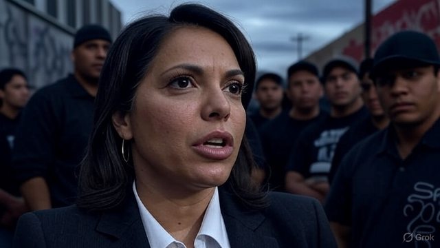 Artistic impression of Cudahy Vice Mayor Cynthia Gonzalez engaging with members of the 18th Street and Florencia 13 gangs in a tense urban setting, reflecting her controversial call to action against ICE officers. Artistic impression of Cudahy Vice Mayor Cynthia Gonzalez engaging with members of the 18th Street and Florencia 13 gangs in a tense urban setting, reflecting her controversial call to action against ICE officers.