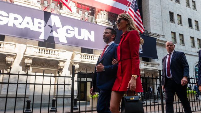 Donald Trump Jr. and Bettina Anderson exit the NYSE after ringing the opening bell for Texas-based GrabAGun, where Trump serves on the board, on July 16, 2025, in New York City. (MSN) Donald Trump Jr. and Bettina Anderson exit the NYSE after ringing the opening bell for Texas-based GrabAGun, where Trump serves on the board, on July 16, 2025, in New York City. (MSN)