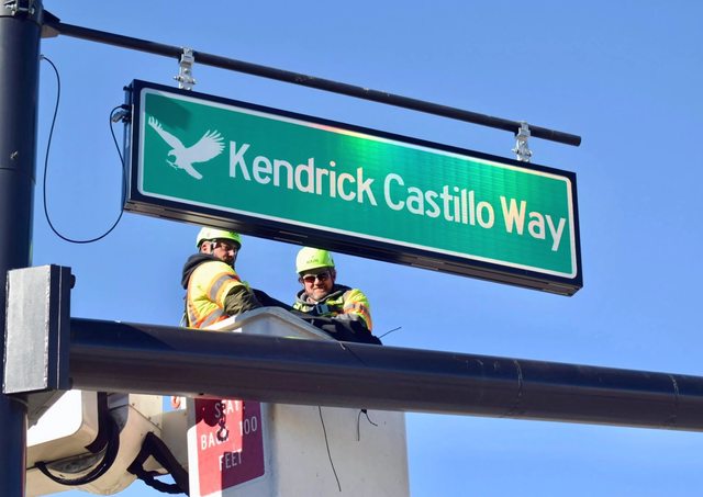 New street sign as tribute to Kendrick Castillo. New street sign as tribute to Kendrick Castillo.