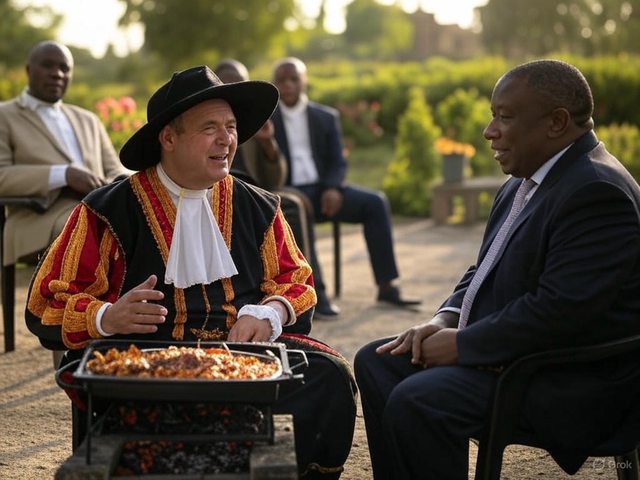 Artistic impression of Jan van Riebeeck having a braai with Cyril Ramaphosa. Artistic impression of Jan van Riebeeck having a braai with Cyril Ramaphosa.