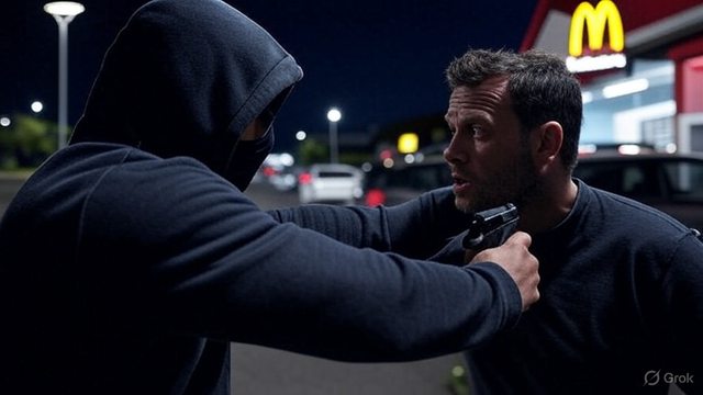 Artistic impression of an armed robbery at Durbanville McDonald's Drive-Thru, capturing the tense moment from the recent attack. Artistic impression of an armed robbery at Durbanville McDonald's Drive-Thru, capturing the tense moment from the recent attack.