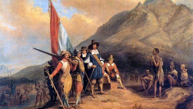 Jan van Riebeeck arrives at Cape Town in 1652, meeting Khoisan locals, marking the start of cultural exchanges that would shape Afrikaans' origins. Jan van Riebeeck arrives at Cape Town in 1652, meeting Khoisan locals, marking the start of cultural exchanges that would shape Afrikaans' origins.