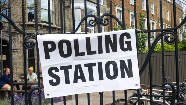 UK polling station sign, 2019 election: ECHR rules government response to alleged Russian interference upheld democratic rights. UK polling station sign, 2019 election: ECHR rules government response to alleged Russian interference upheld democratic rights.