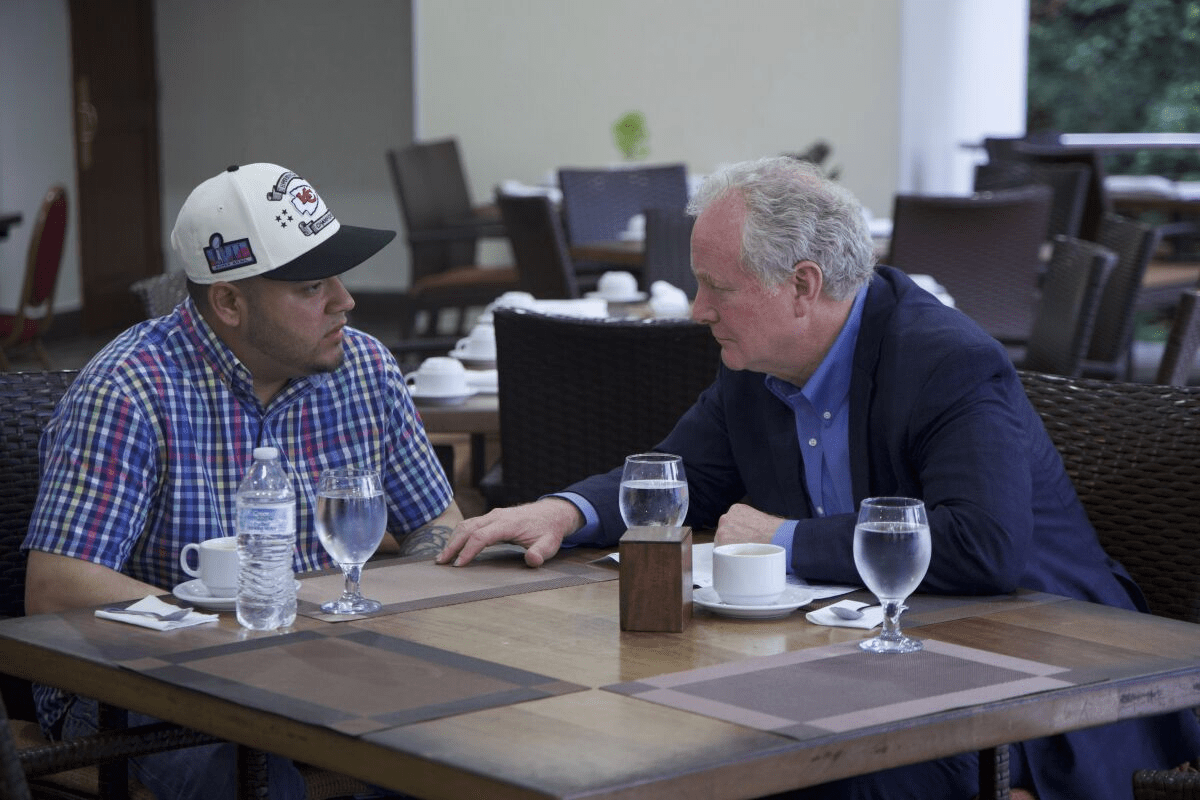 Kilmar Abrego Garcia, a Salvadoran citizen who was deported to El Salvador by the Trump administration, speaks with Sen. Chris Van Hollen, D-Md., in a hotel restaurant in San Salvador on April 17. Press Office Senator Van Hollen/via AP Kilmar Abrego Garcia, a Salvadoran citizen who was deported to El Salvador by the Trump administration, speaks with Sen. Chris Van Hollen, D-Md., in a hotel restaurant in San Salvador on April 17. Press Office Senator Van Hollen/via AP
