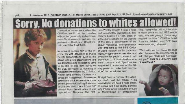 2012 Platinum Weekly article headlines discriminatory donation policy targeting white beneficiaries in South Africa. 2012 Platinum Weekly article headlines discriminatory donation policy targeting white beneficiaries in South Africa.
