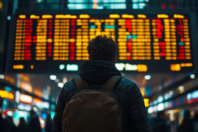 Man with backpack looking up ad board with stock market indicators. Man with backpack looking up ad board with stock market indicators.