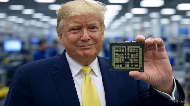 Artistic impression of President Trump holding up a semiconductor. Artistic impression of President Trump holding up a semiconductor.