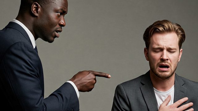 A black man pointing his finger at a White man with a hurt expression on his face. A black man pointing his finger at a White man with a hurt expression on his face.