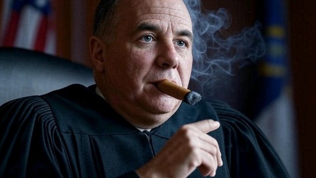 Artistic impression of a judge celebrating with a stogie after a good ruling. Artistic impression of a judge celebrating with a stogie after a good ruling.