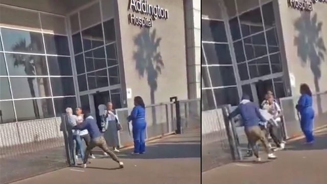 Crispin Hemson, 77, violently pushed and pulled by March on March party members at Addington Hospital, nearly falling as they denied him entry. Crispin Hemson, 77, violently pushed and pulled by March on March party members at Addington Hospital, nearly falling as they denied him entry.