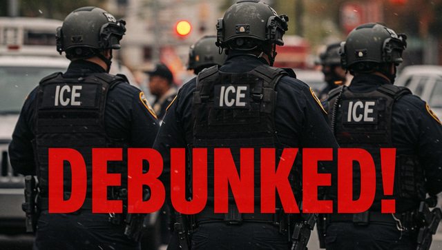 Artistic impression of ICE Agents with the word DEBUNKED in red. Artistic impression of ICE Agents with the word DEBUNKED in red.