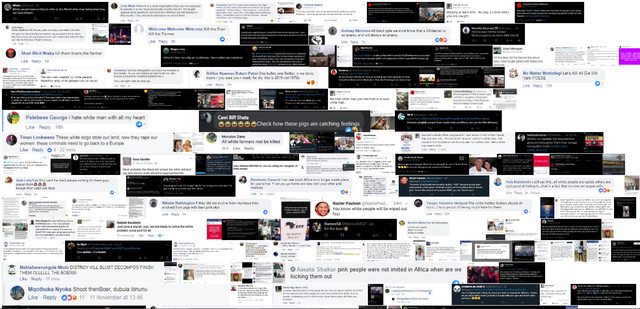 2,408 screenshots documenting hate speech against white minorities in South Africa. 2,408 screenshots documenting hate speech against white minorities in South Africa.