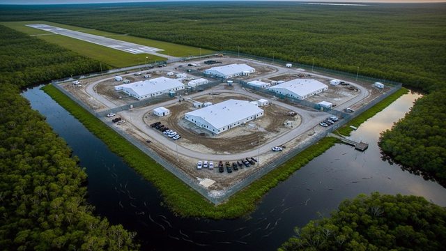 Aerial view of Florida's "Alligator Alcatraz" detention center, set to open Tuesday, July 1, 2025, in the Everglades under ICE oversight. Aerial view of Florida's "Alligator Alcatraz" detention center, set to open Tuesday, July 1, 2025, in the Everglades under ICE oversight.