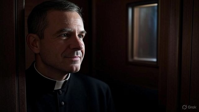 Artistic impression of a Catholic priest engaged in the Sacrament of Confession within a wooden booth, surrounded by a serene and sacred atmosphere. Artistic impression of a Catholic priest engaged in the Sacrament of Confession within a wooden booth, surrounded by a serene and sacred atmosphere.