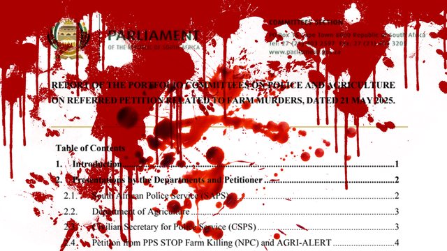 A parliamentary report, meant to address farm murders, lies stained with the blood of South Africa’s white farmers, symbolizing a crisis ignored and a narrative twisted against the victims. A parliamentary report, meant to address farm murders, lies stained with the blood of South Africa’s white farmers, symbolizing a crisis ignored and a narrative twisted against the victims.