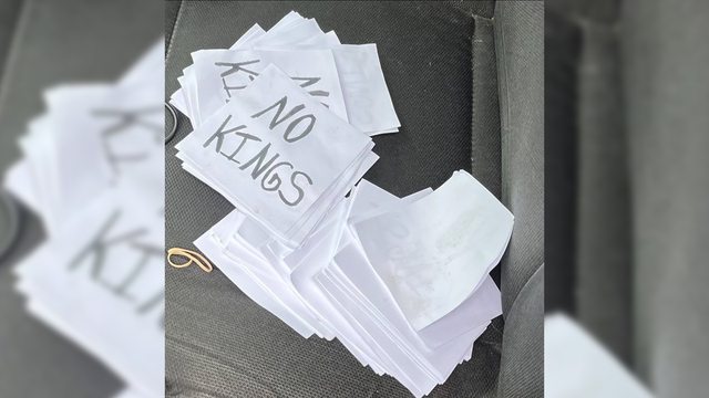 No Kings flyers found in suspect's vehicle. No Kings flyers found in suspect's vehicle.