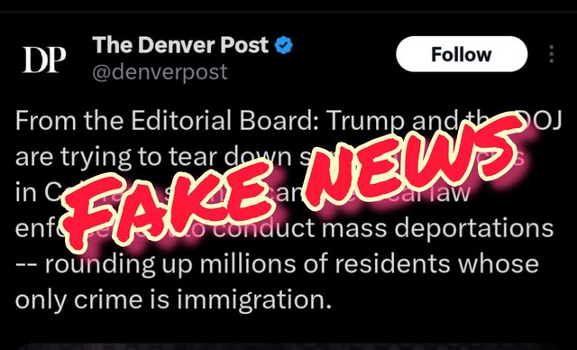 The Denver Post's X post with the word Fake News overwriting it. The Denver Post's X post with the word Fake News overwriting it.