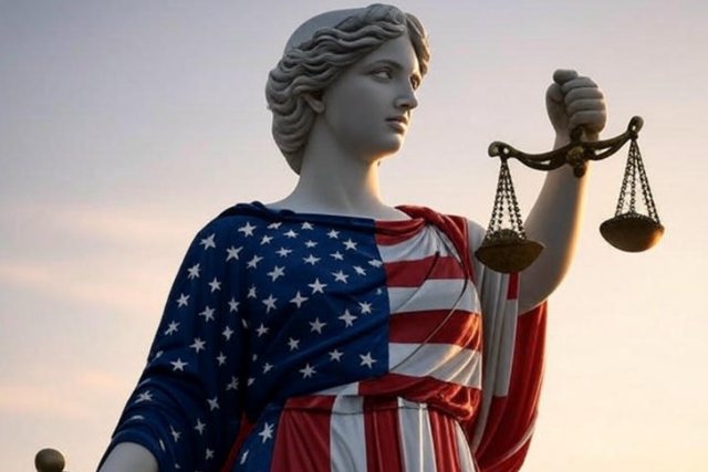 Lady Justice dressed in U.S. flag. Lady Justice dressed in U.S. flag.