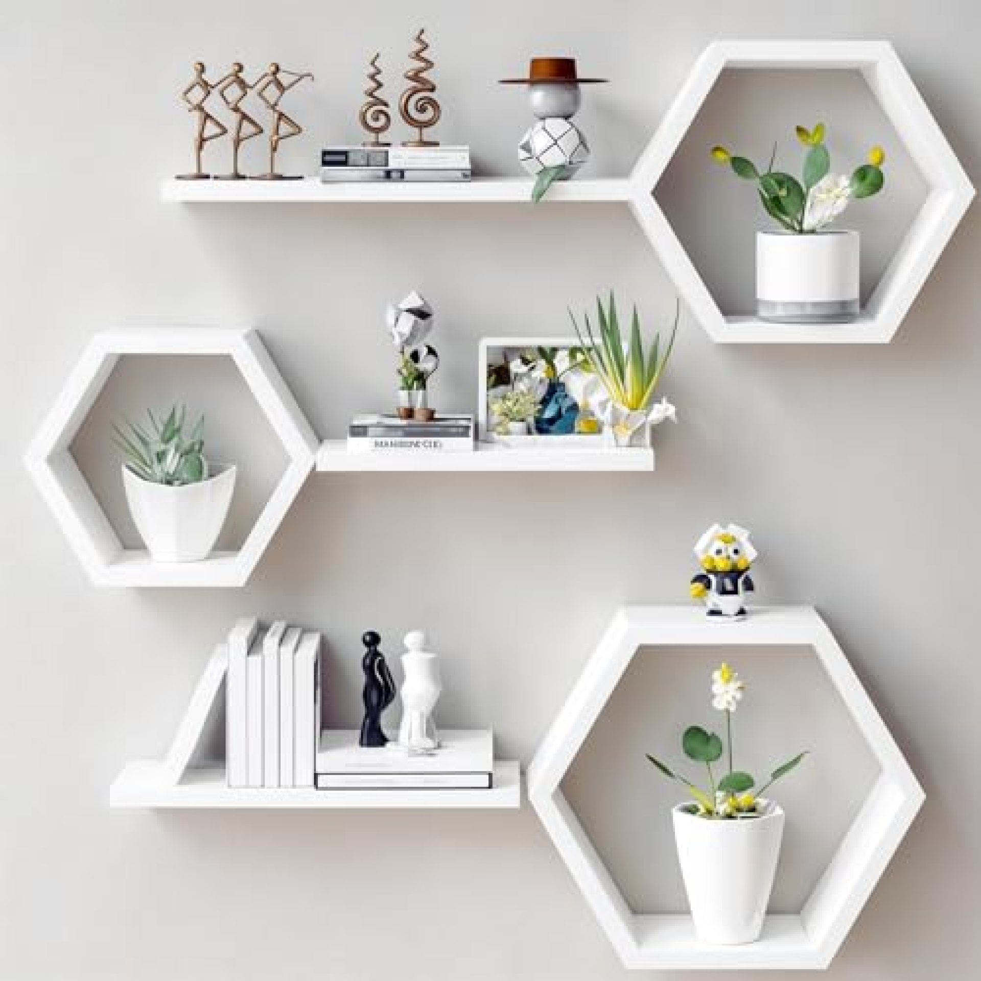 The Menifest | Wooden Hexagonal Shape Wall Hanging Rack Shelf Wall Shelf for Living Room Bedroom and Office Decoration (White-01) The Menifest | Wooden Hexagonal Shape Wall Hanging Rack Shelf Wall Shelf for Living Room Bedroom and Office Decoration (White-01)