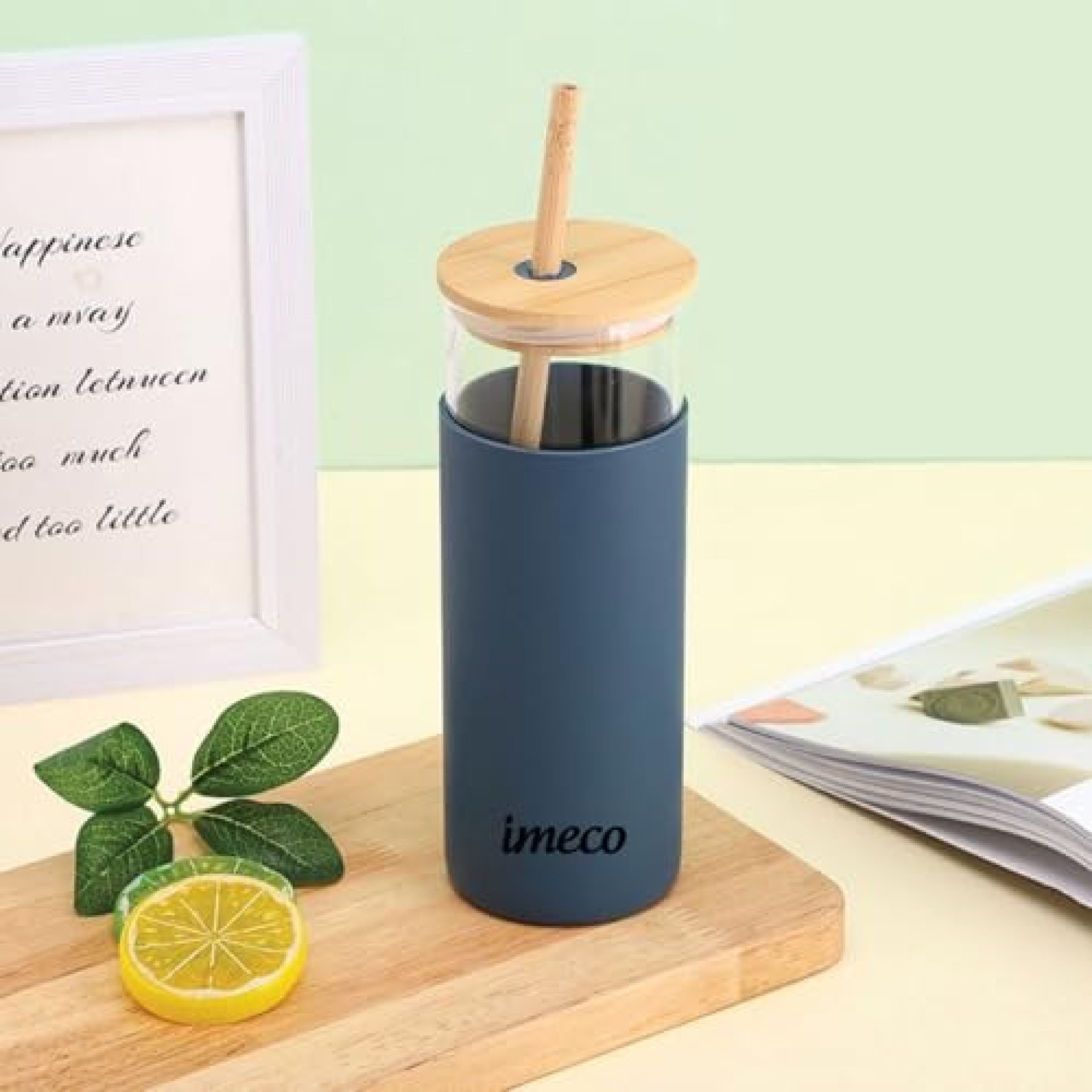 IMECO ECO-SIP Stylish Glass Tumbler Sipper 450ml| Eco-Friendly Travel Mug with Bamboo Lid & Straw | Leak-Proof, Sweat-Proof, Durable | Ideal for Water, Coffee, Office, Home (Navy Blue) IMECO ECO-SIP Stylish Glass Tumbler Sipper 450ml| Eco-Friendly Travel Mug with Bamboo Lid & Straw | Leak-Proof, Sweat-Proof, Durable | Ideal for Water, Coffee, Office, Home (Navy Blue)