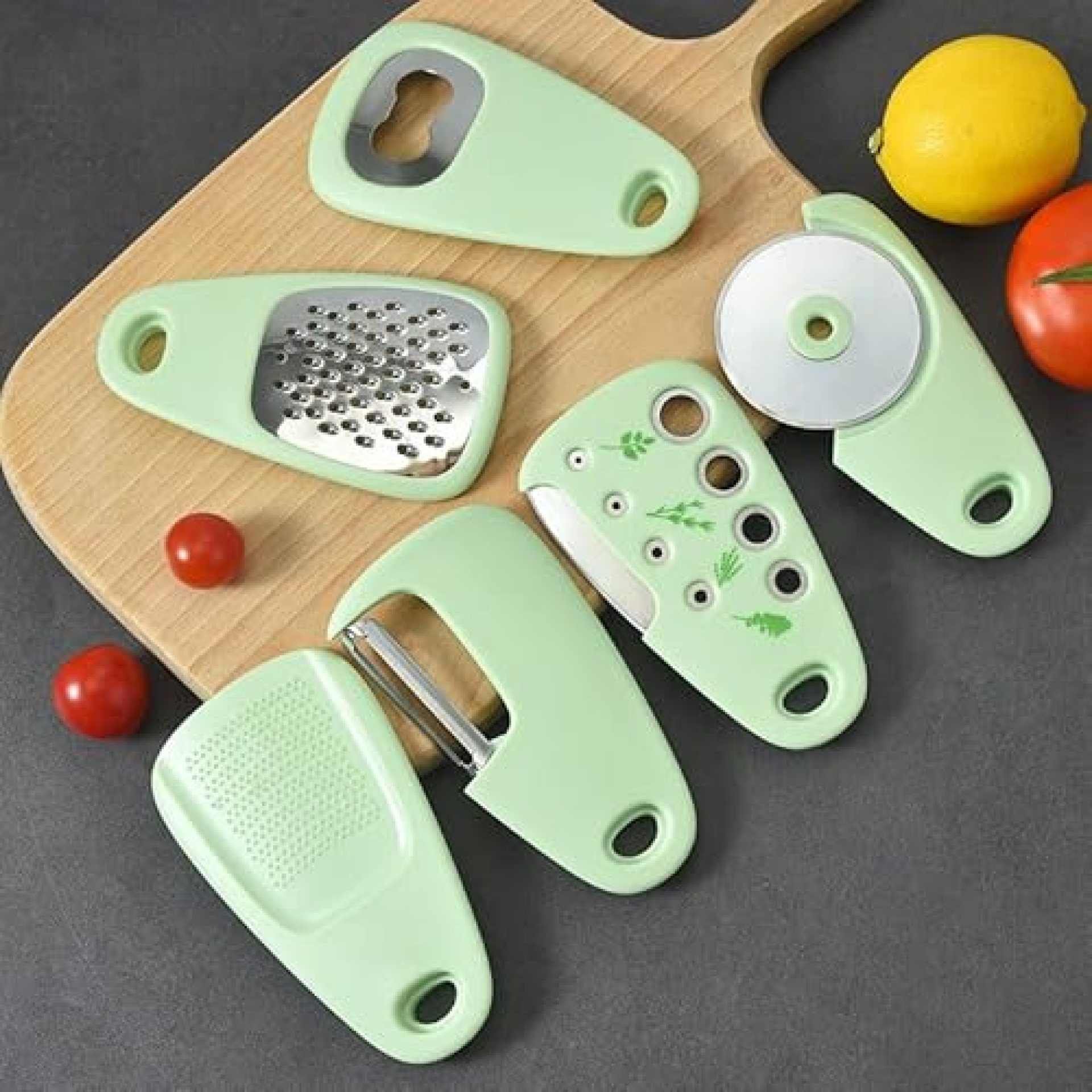 YELONA Multipurpose Kitchen Gadgets Set 6 Pieces, Space Saving Cooking Tools- Grater, Peeler, Garlic/Ginger Grinder, Bottle Opener, Pizza Cutter, Herb Stripper YELONA Multipurpose Kitchen Gadgets Set 6 Pieces, Space Saving Cooking Tools- Grater, Peeler, Garlic/Ginger Grinder, Bottle Opener, Pizza Cutter, Herb Stripper