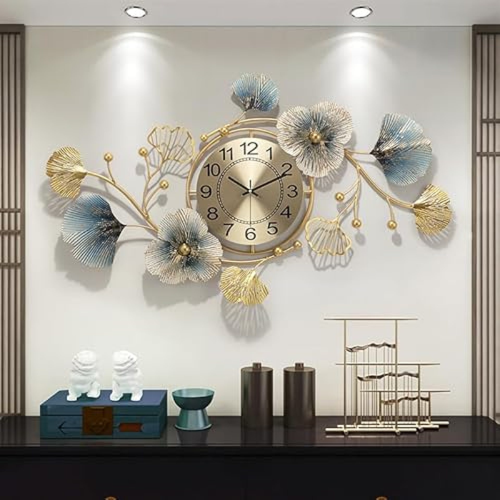 Decorative Wall Clock with Metal Floral Design, 3D Blue and Gold Ginkgo Leaves, Modern Art Wall Decor Clock for Home Decoration Items for Living Room, Stylish and Functional Silent Wall Clock Decorative Wall Clock with Metal Floral Design, 3D Blue and Gold Ginkgo Leaves, Modern Art Wall Decor Clock for Home Decoration Items for Living Room, Stylish and Functional Silent Wall Clock