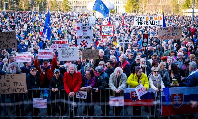 Slovakians continue to protest against populist Prime Minister Robert Fico's pro-Russian policy Slovakians continue to protest against populist Prime Minister Robert Fico's pro-Russian policy