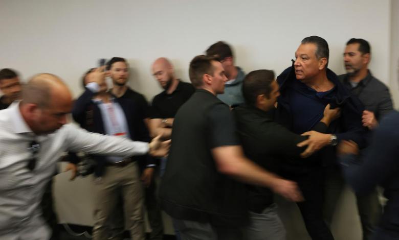 California Senator Alex Padilla handcuffed at Nome press conference in Los Angeles California Senator Alex Padilla handcuffed at Nome press conference in Los Angeles