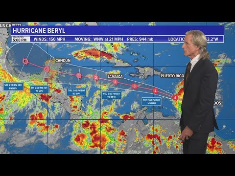 Hurricane Beryl continues to move into the Caribbean as downpours here drift west Hurricane Beryl continues to move into the Caribbean as downpours here drift west