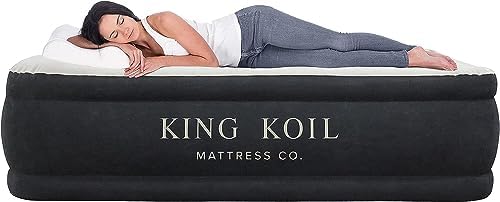 King Koil Luxury Pillow Top Plush Queen Air Mattress with High-Speed Built-in Pump, Blow Up Bed Top Side Flocking, Puncture Resistant, Double High Inflatable Airbed Guests or Travel 1-Year Warranty King Koil Luxury Pillow Top Plush Queen Air Mattress with High-Speed Built-in Pump, Blow Up Bed Top Side Flocking, Puncture Resistant, Double High Inflatable Airbed Guests or Travel 1-Year Warranty