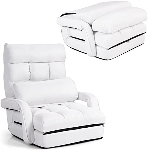 S AFSTAR Indoor Chaise Lounge Sofa, Folding Lazy Sofa Floor Chair with 6-Position Adjustable Backrest Lumbar Pillow, Folding Padded Lounger Bed with Armrests, Assembly-Free (White) S AFSTAR Indoor Chaise Lounge Sofa, Folding Lazy Sofa Floor Chair with 6-Position Adjustable Backrest Lumbar Pillow, Folding Padded Lounger Bed with Armrests, Assembly-Free (White)