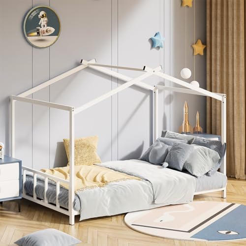 Twin Size Montessori Floor Bed with Roof Design for Kids Bedroom, Twin Floor Bed w/Slats for Living Room, Space Saving Design & No Box Spring Needed, White Twin Size Montessori Floor Bed with Roof Design for Kids Bedroom, Twin Floor Bed w/Slats for Living Room, Space Saving Design & No Box Spring Needed, White