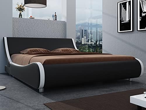 SHA CERLIN Modern Low Profile Platform Bed Frame Queen Size, Stylish Faux Leather Upholstered Sleigh Bed with Adjustable Headboard, No Box Spring Needed, Black&White SHA CERLIN Modern Low Profile Platform Bed Frame Queen Size, Stylish Faux Leather Upholstered Sleigh Bed with Adjustable Headboard, No Box Spring Needed, Black&White