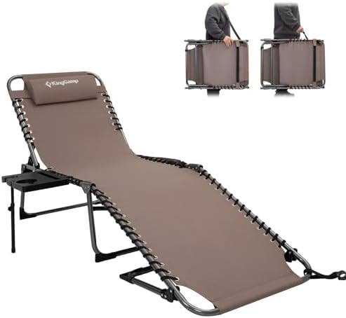 KingCamp Folding Chaise Lounge Chair for Outside Beach, Sunbathing, Patio, Pool, Lawn, Deck, Lay Flat Camping Reclining Lounge Chair with Pillow & Side Table (1 Pack, Beige) KingCamp Folding Chaise Lounge Chair for Outside Beach, Sunbathing, Patio, Pool, Lawn, Deck, Lay Flat Camping Reclining Lounge Chair with Pillow & Side Table (1 Pack, Beige)