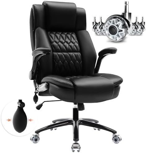 HAMAOKA Large High Back Office Chair – Adjustable Lumbar Support, Flip Up Arms, Heavy Duty Metal Base, Breathable Bonded Leather, 2 Storage Bags, Black HAMAOKA Large High Back Office Chair – Adjustable Lumbar Support, Flip Up Arms, Heavy Duty Metal Base, Breathable Bonded Leather, 2 Storage Bags, Black