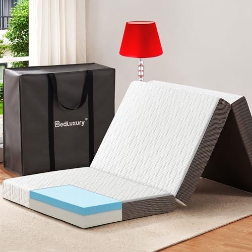 BedLuxury 3 Inch Tri Folding Mattress Single Bed with Storage Bag, Foldable Memory Foam Topper Portable Floor Guest Bed with Removable Cover, Breathable Washable BedLuxury 3 Inch Tri Folding Mattress Single Bed with Storage Bag, Foldable Memory Foam Topper Portable Floor Guest Bed with Removable Cover, Breathable Washable