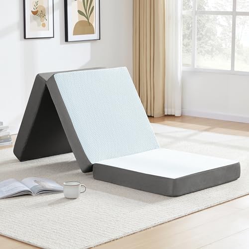 4 inch Folding Mattress Single, Memory Foam Foldable Mattress Topper with Storage Bag, Portable Trifold Mattress with Breathable Washable Cover for Camping, Floor, Guest (75″x25″x4″) 4 inch Folding Mattress Single, Memory Foam Foldable Mattress Topper with Storage Bag, Portable Trifold Mattress with Breathable Washable Cover for Camping, Floor, Guest (75″x25″x4″)