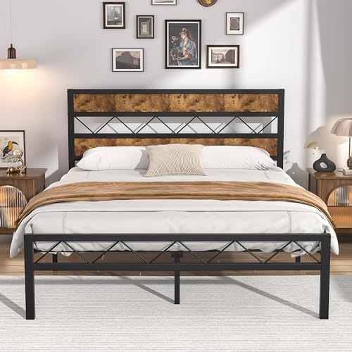 VECELO Queen Metal Platform Bed Frame with Rustic Vintage Wooden Headboard, Heavy Duty Metal Slats Support, Platform Mattress Base No Box Spring Needed, No Noise, Easy Assembly VECELO Queen Metal Platform Bed Frame with Rustic Vintage Wooden Headboard, Heavy Duty Metal Slats Support, Platform Mattress Base No Box Spring Needed, No Noise, Easy Assembly