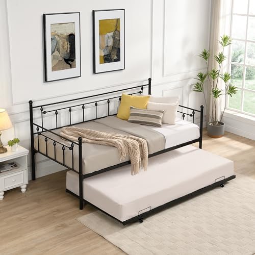 Twin Size Metal Daybed with Pull Out Trundle, Modern 2 in 1 Sofa Bed Frame for Kids Teens Adults,Single Daybed Sofa Bed Frame for Bedroom Living Room Guest Room Twin Size Metal Daybed with Pull Out Trundle, Modern 2 in 1 Sofa Bed Frame for Kids Teens Adults,Single Daybed Sofa Bed Frame for Bedroom Living Room Guest Room