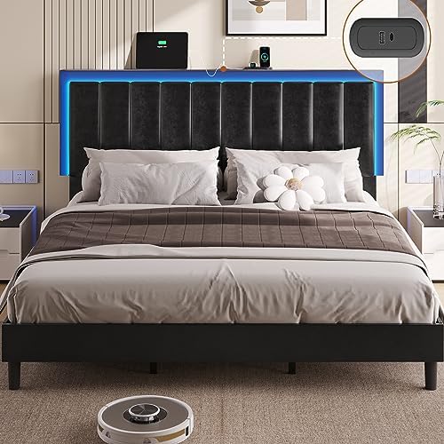 DICTAC Bed Frame King Size with Led Lights and USB Ports Modern King Size Upholstered Platform Bed Frame with Adjustable Headboard Faux Leather Led King Bed Frame,No Noise,No Box Spring Needed, Black DICTAC Bed Frame King Size with Led Lights and USB Ports Modern King Size Upholstered Platform Bed Frame with Adjustable Headboard Faux Leather Led King Bed Frame,No Noise,No Box Spring Needed, Black