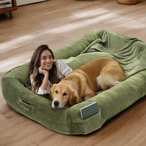 Extra Large Dog Bed, Human Dog Bed for Adult Instead of Foldable Air Mattress, 72″x48″x10″ Washable Floor Beds Large Sized Dog Gifts with Handle, Blanket and 4 Storage Pockets, Army Green Extra Large Dog Bed, Human Dog Bed for Adult Instead of Foldable Air Mattress, 72″x48″x10″ Washable Floor Beds Large Sized Dog Gifts with Handle, Blanket and 4 Storage Pockets, Army Green